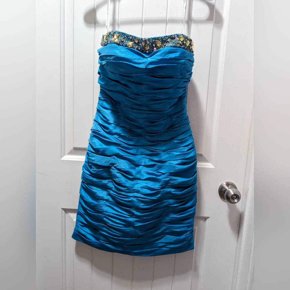 Riva Designs teal/turquoise Cocktail Party Formal Beaded Rhinestone Short Strapl